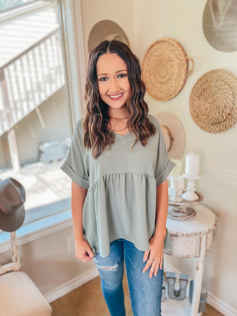 Touring the City Short Sleeve V Neck Babydoll Top in Sage Green