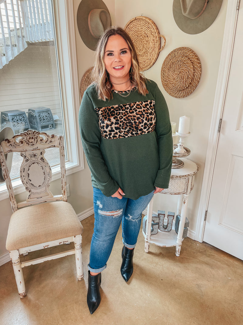 Wildly Cozy Waffle Knit Top with Leopard Bust and Elbow Patches in Olive Green