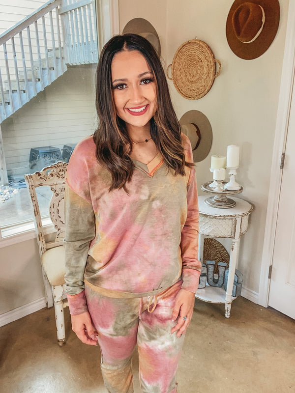 Let's Lounge Tie Dye Long Sleeve V Neck Top in Mauve, Sage, and Mustard
