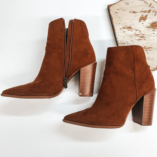 Model Shoe Size 9 | Walking By Side Zip Heeled Booties with Pointed Toe in Caffe Brown