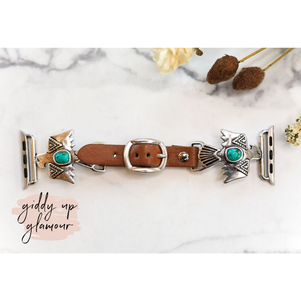 Brown Apple Watch Band with Silver Thunderbird Pendants and Turquoise Center Stone