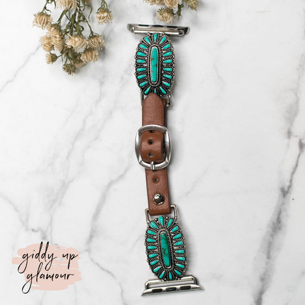 Brown Apple Watch Band with Oval Turquoise Clusters