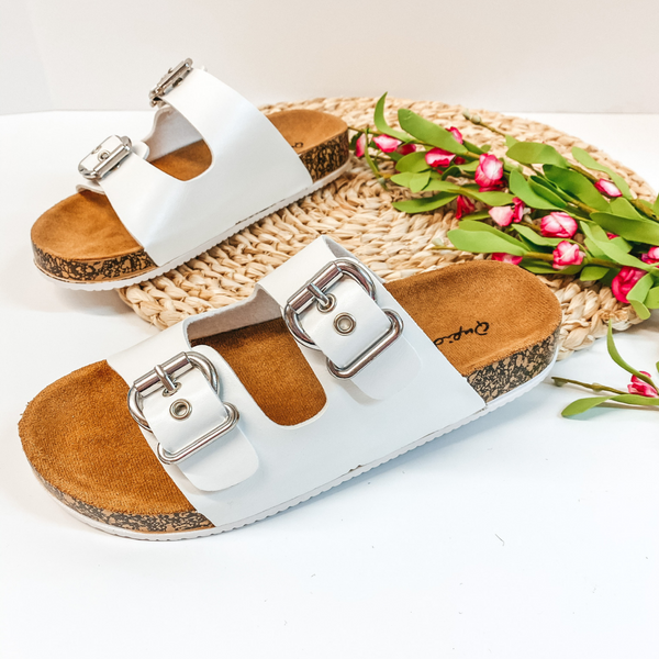 Living Easy Double Buckle Slide On Sandals in White