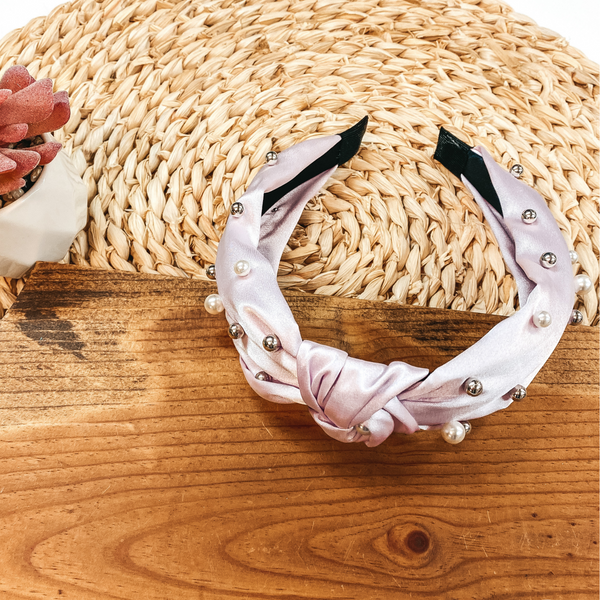 Pearl and Silver Beaded Detailed Headband in Lavender