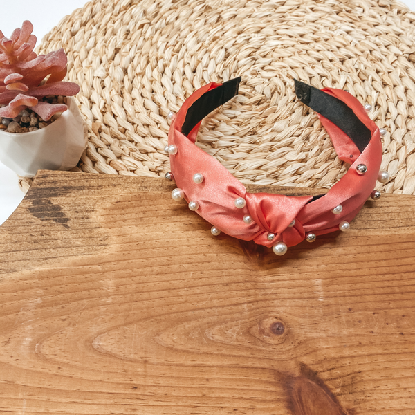 Pearl and Silver Beaded Detailed Headband in Coral