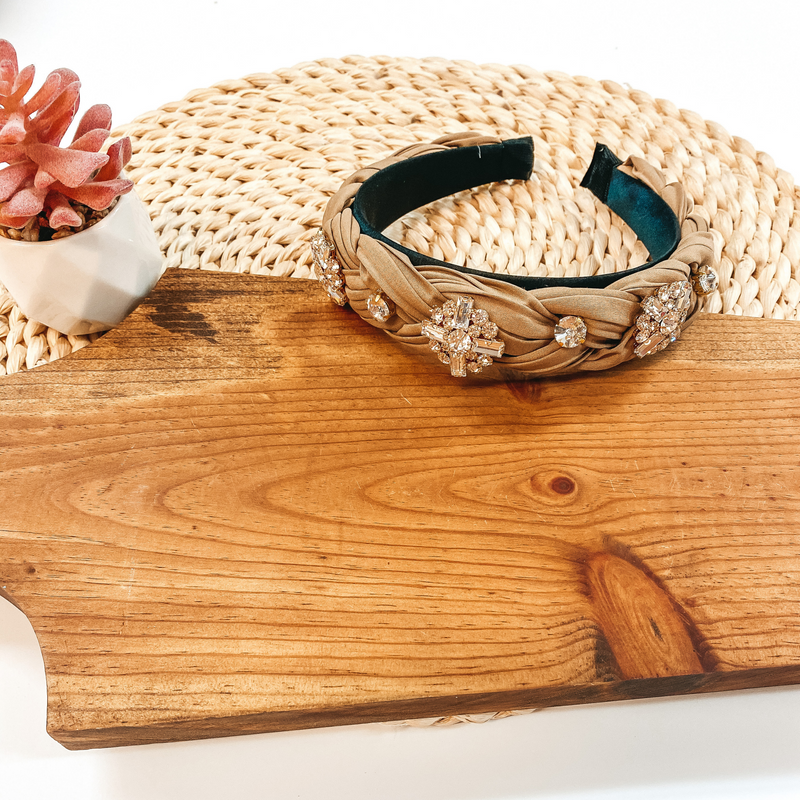 Jewel Detailed Braided Headband in Tan