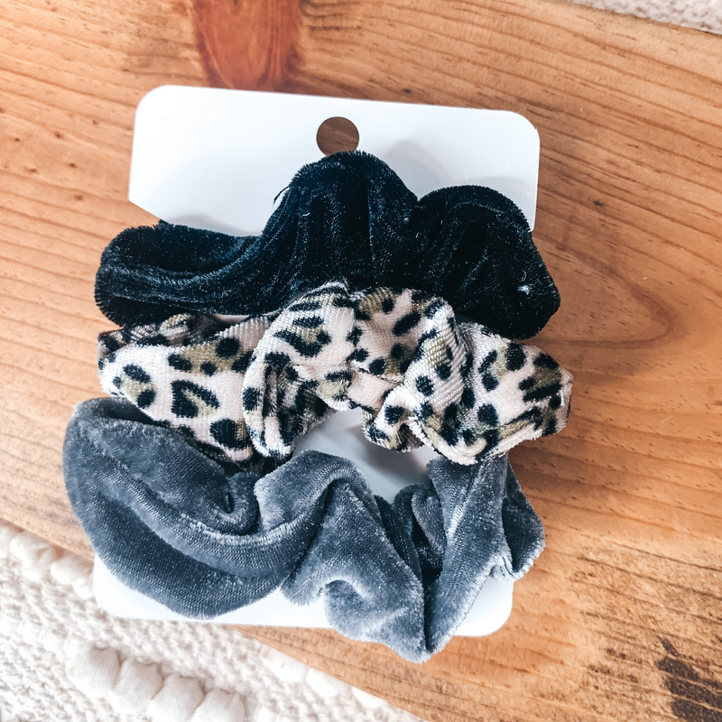 Buy 3 for $10 | Set of Three | Grey Leopard Velvet Scrunchie Set