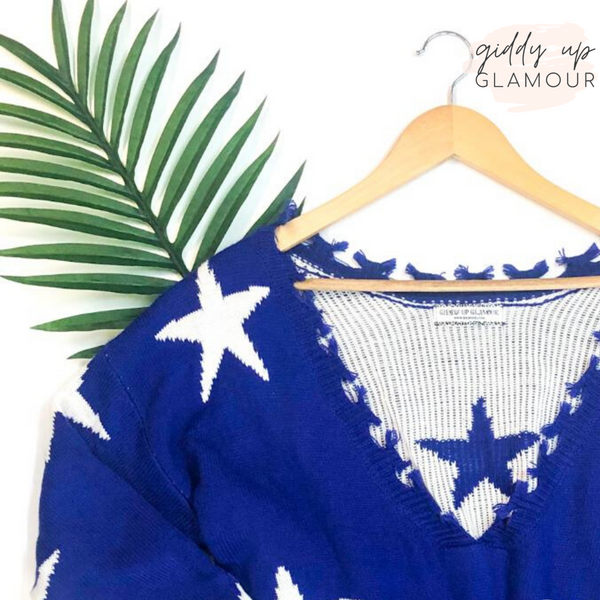 Super Star Power Crop Star Print Sweater with Frayed Edges in Royal Blue