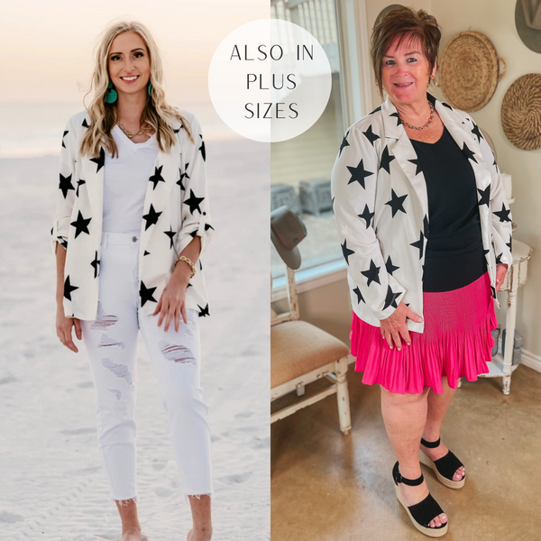 Out Of Office Star Print Open Front Blazer with Long Sleeves in White