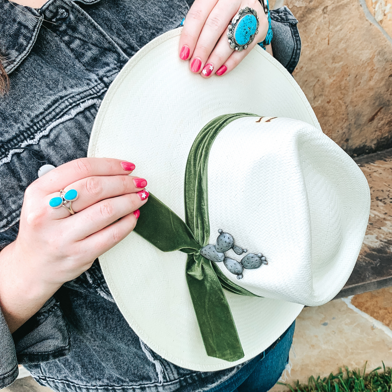 Charlie 1 Horse | Hard to Handle Straw Hat with Olive Green Velvet Ribbon Band and Barbosa Cactus Concho Pin