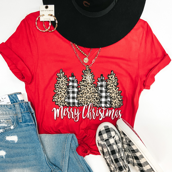 Merry Christmas Leopard and Buffalo Plaid Christmas Trees Short Sleeve Graphic Tee in Red
