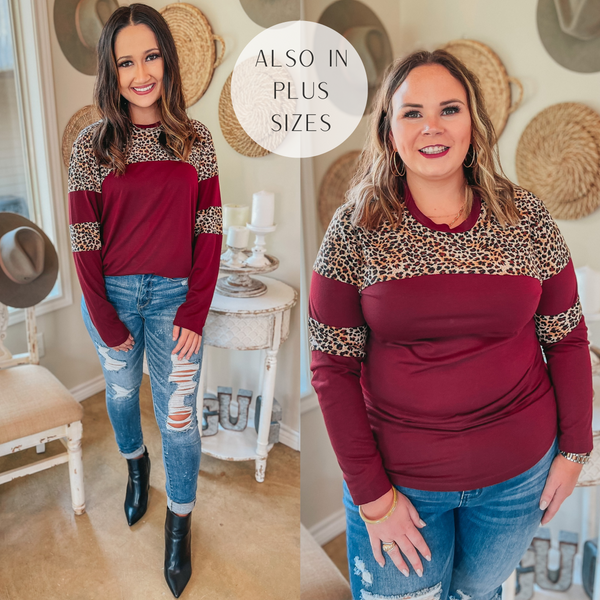 Get the Look Leopard Upper and Elbow Long Sleeve Top in Maroon