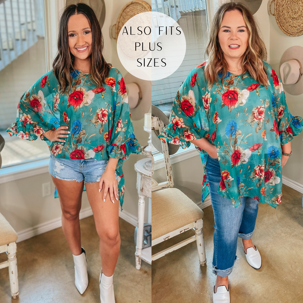 Beach Beauty Floral Print Poncho Top with Ruffle Sleeves in Jade