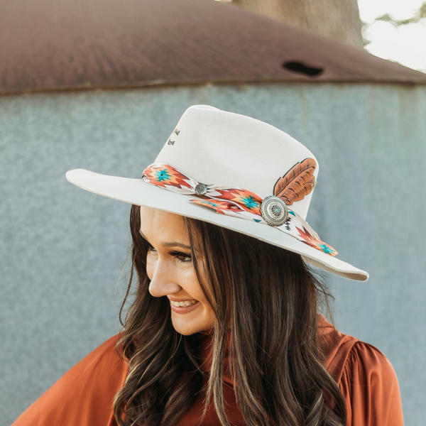 Charlie 1 Horse | Navajo Flat Brim Felt Hat with Tribal Scarf and Leather Feathers in Ivory