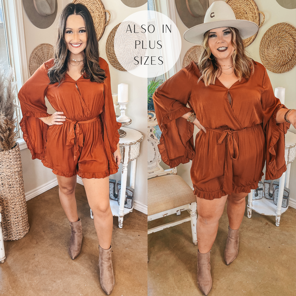 Something More Ruffle Trim Long Sleeve Satin Romper in Rust