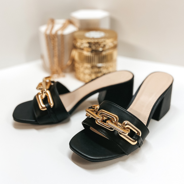 Grand Entrance Gold Chain Mini Block Heels in Black