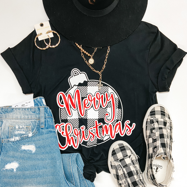 Merry Christmas in Buffalo Plaid Ornament Short Sleeve Graphic Tee in Black