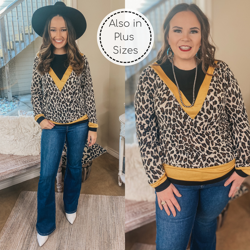 A Wild Mindset Leopard and Black Color Block Top with Yellow Trim