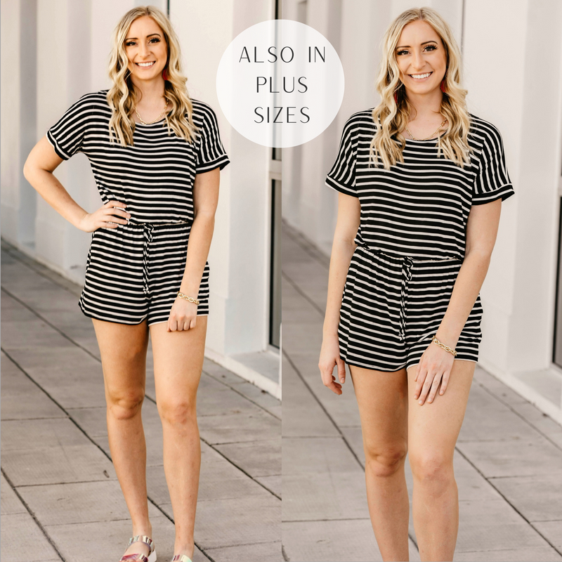 Let Me Loose Striped Short Sleeve Drawstring Waist Tee Shirt Romper in Black and Ivory