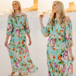 In Focus Light Off the Shoulder Floral Maxi Dress in Mint Green