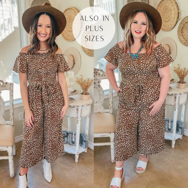Last Chance Size 3XL | Mimosa Magic Dotted Off the Shoulder Jumpsuit with Smocked Bodice in Brown