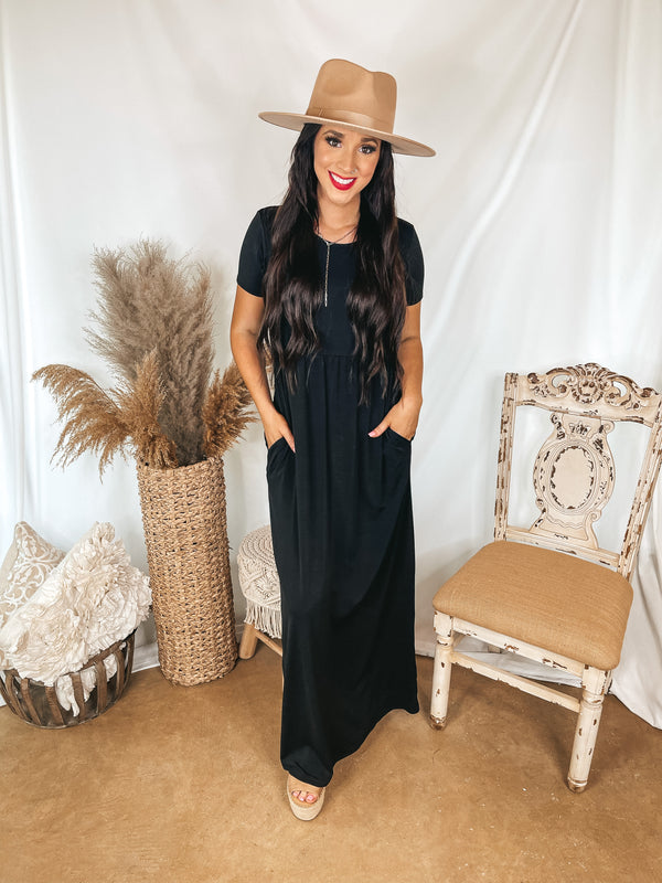 Just Landed Short Sleeve Babydoll Maxi Dress in Black