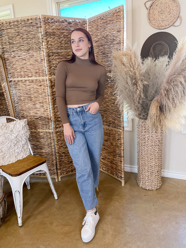 Up At Dawn Ribbed Mock Neck Long Sleeve Crop Top in Brown