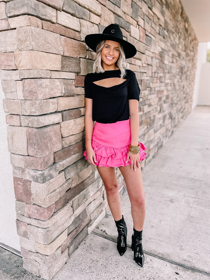 Once In A Lifetime Ruffle Denim Mini Skirt in Pink