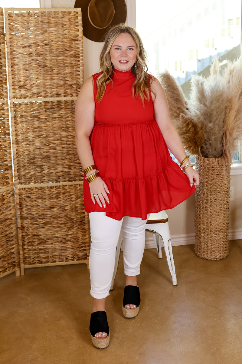 Attempt To Charm High Ruffle Neck Tank Tunic Top in Red