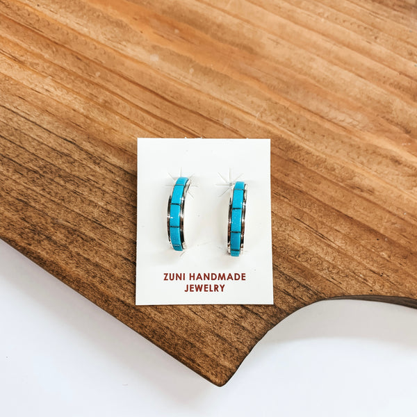 Zuni | Zuni Handmade Genuine Sterling Silver Half Hoops with Turquoise Stones