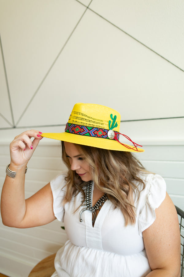 Charlie 1 Horse | Mariachi Stiff Brim Straw Hat with Colorful Design Band, Coin Pendant and Cactus Detailing