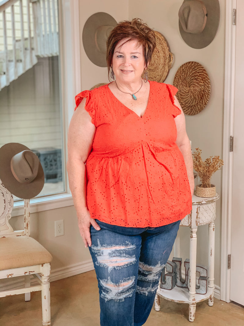 A Walk On The Pier Ruffle Sleeve Eyelet Babydoll Top in Red