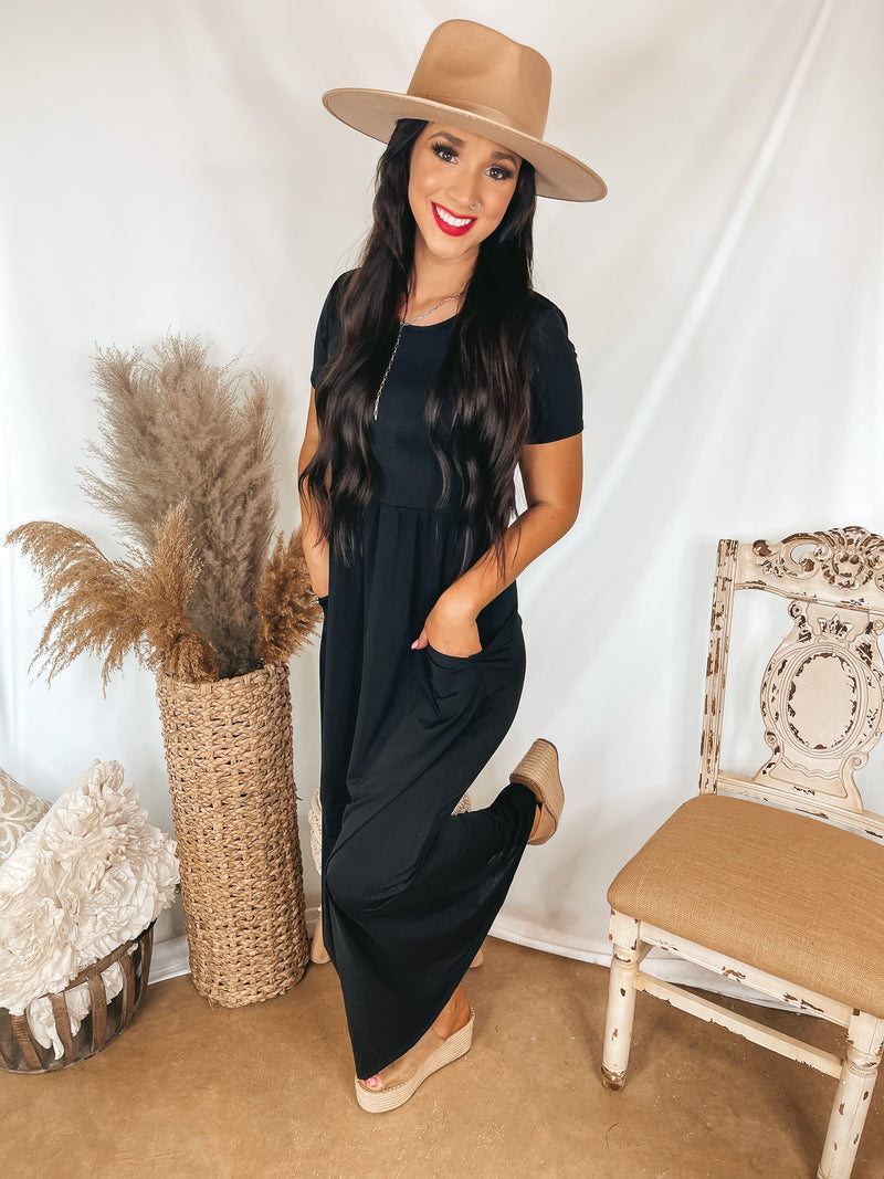 Just Landed Short Sleeve Babydoll Maxi Dress in Black