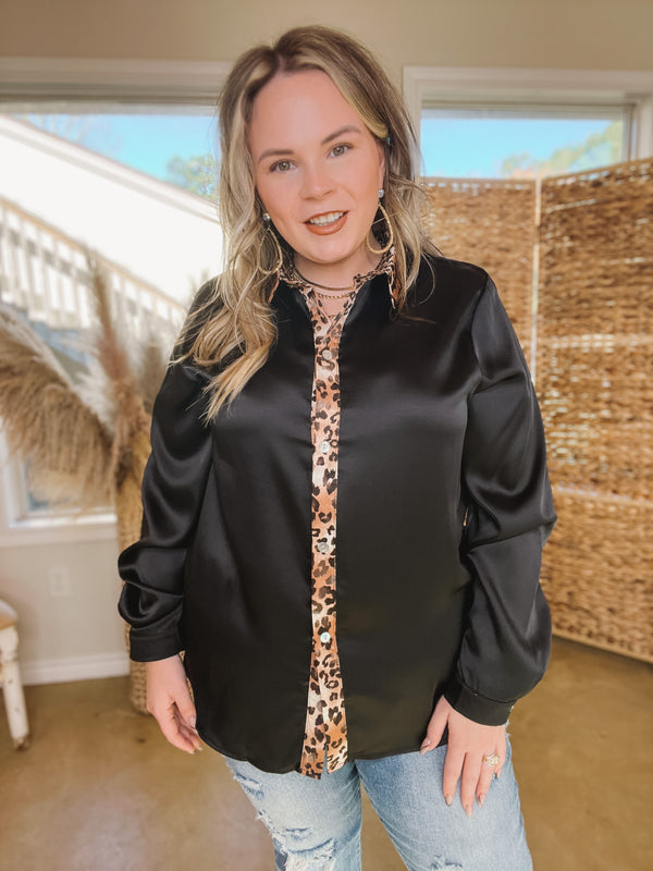 Sugar On Top Long Sleeve Button Up Satin Top with Leopard Print Trim in Black