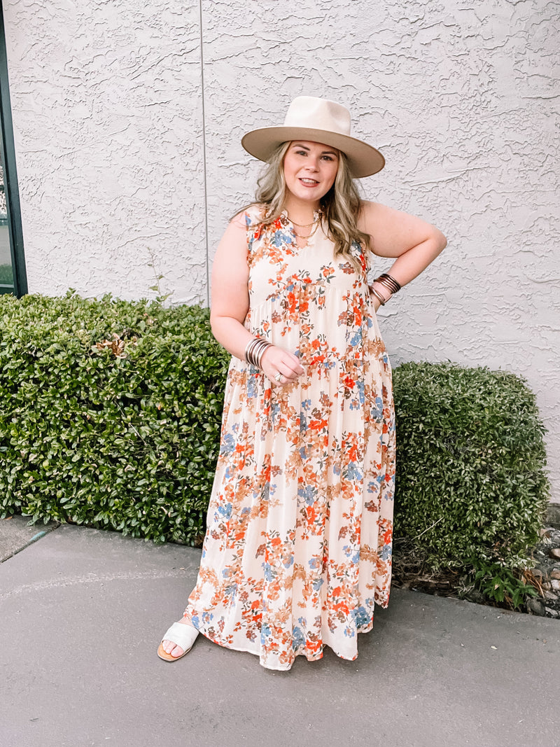 Share The Love Notched Neck Tiered Floral Maxi Dress in Ivory
