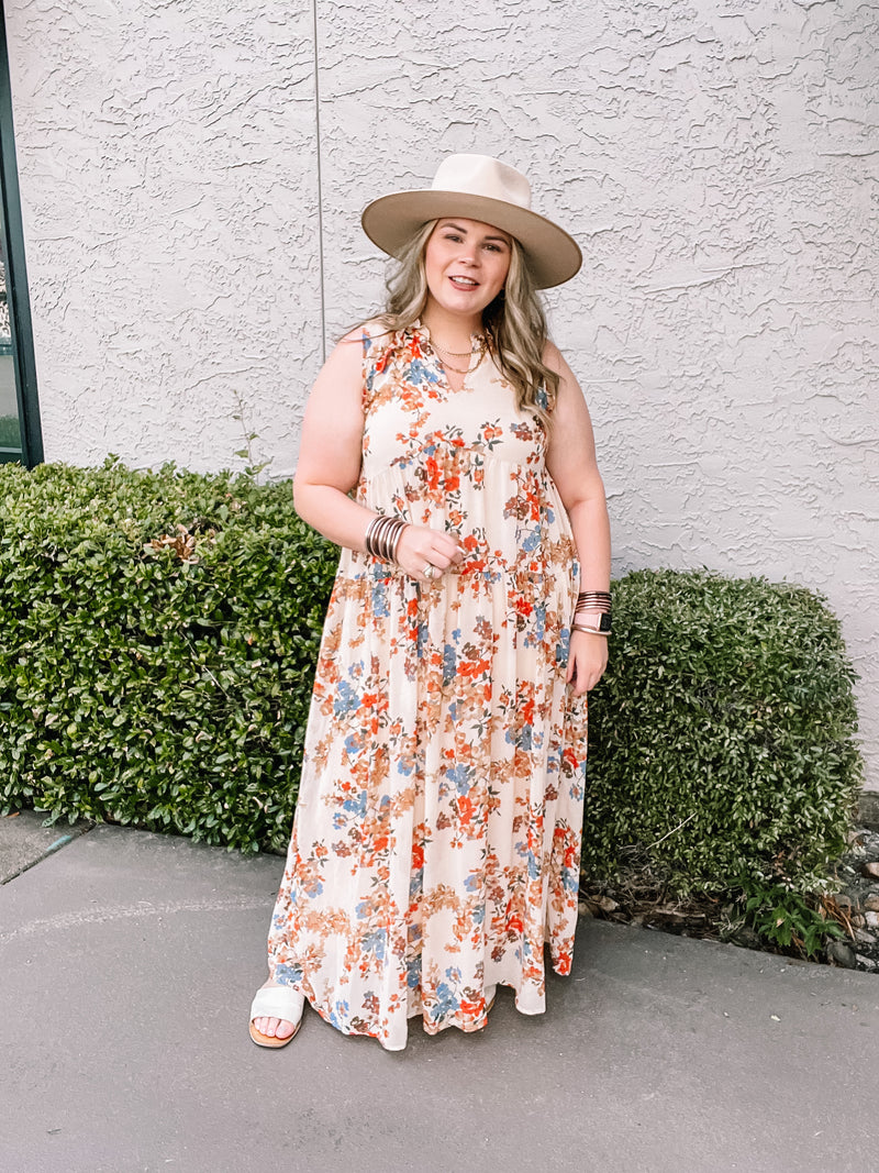 Share The Love Notched Neck Tiered Floral Maxi Dress in Ivory