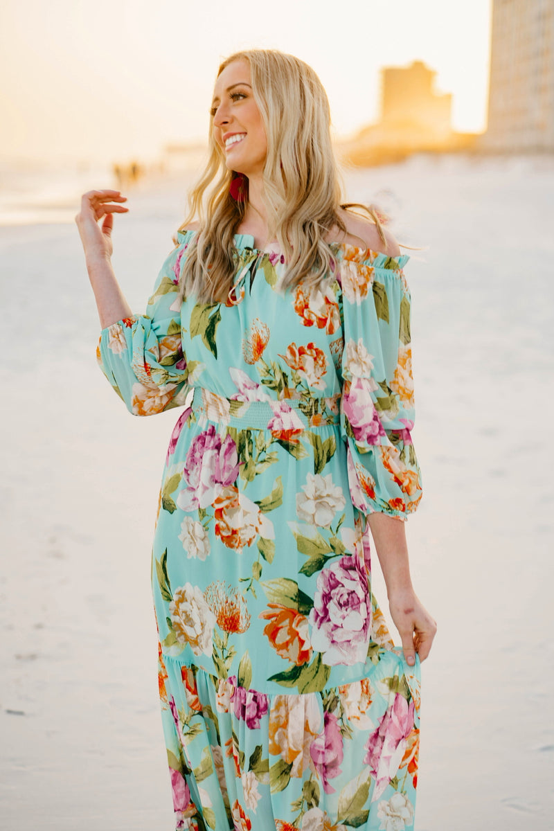 In Focus Light Off the Shoulder Floral Maxi Dress in Mint Green