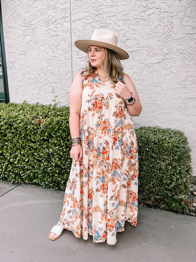 Share The Love Notched Neck Tiered Floral Maxi Dress in Ivory