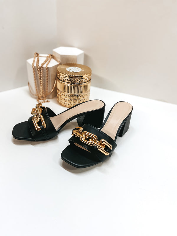 Grand Entrance Gold Chain Mini Block Heels in Black