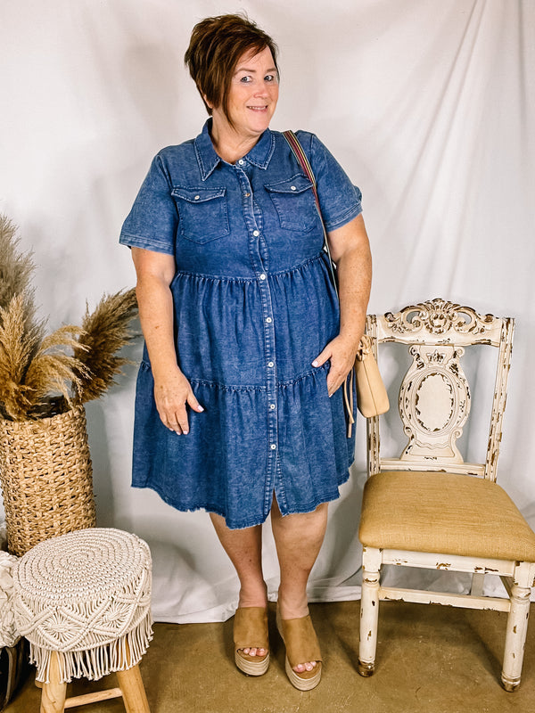 Still The One Ruffle Tiered Button Up Dress in Dark Wash