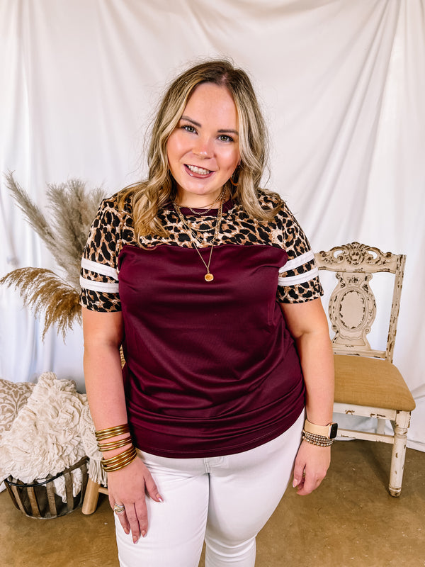 Surprise Me Varsity Stripe Sleeve Top with Leopard Print Upper in Maroon