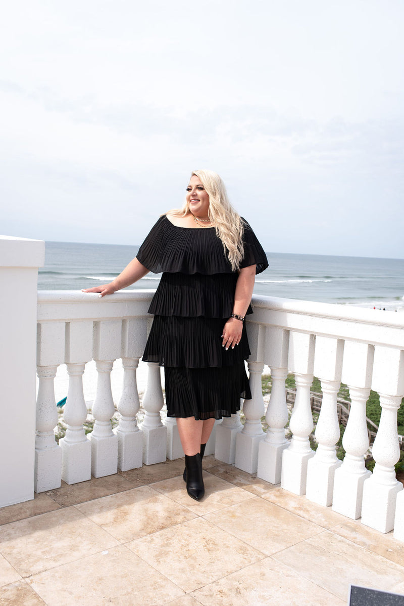 Take My Hand Off the Shoulder Ruffle Tiered Dress in Black