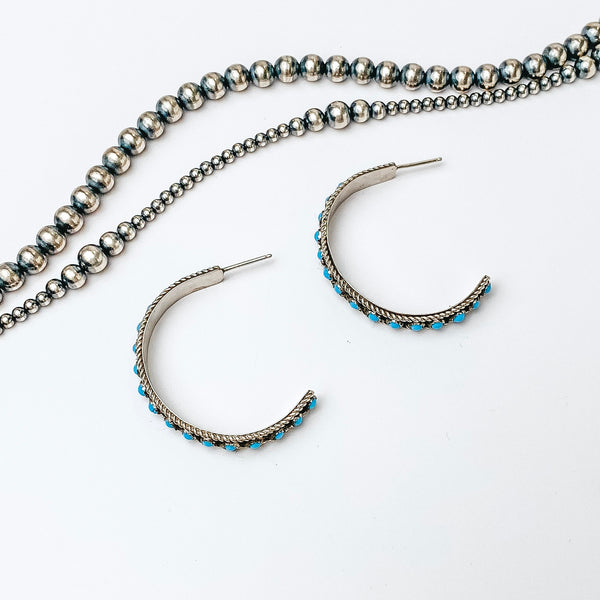 Chester Charley | Navajo Handmade Genuine Sterling Silver Hoops with Turquoise Stones