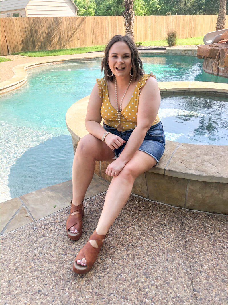 Always Confident Polka Dot Wrapped One Piece Swimsuit with Ruffled Straps in Yellow