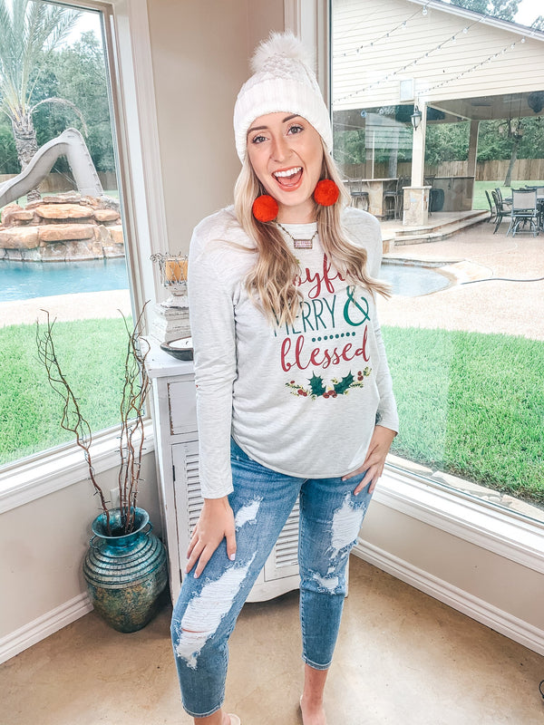 Joyful, Merry, & Blessed Grey Long Sleeve Tee with Candy Cane Elbow Patches