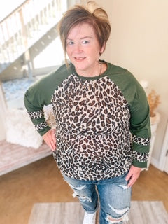 Earning Your Spots Leopard Long Sleeve Top with Color Block Sleeves in Olive Green