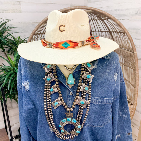 Charlie 1 Horse | Navajo Flat Brim Straw Hat with Tribal Scarf and Leather Feathers