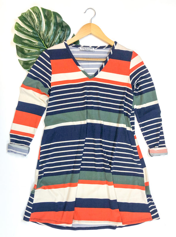 Last Chance Size Small | Striped Long Sleeve V Neck Dress in Orange and Blue