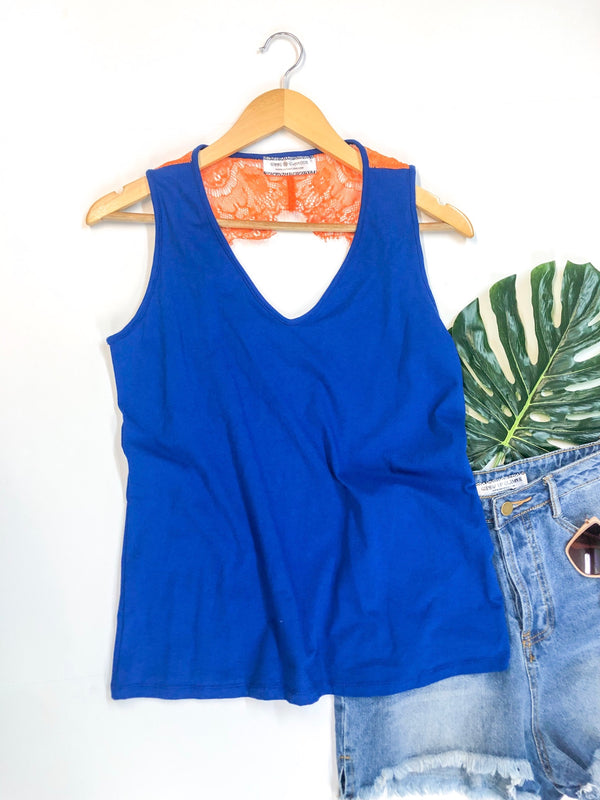 Last Chance Size Small | Open Back Tank Top with Orange Lace Detailing in Royal Blue