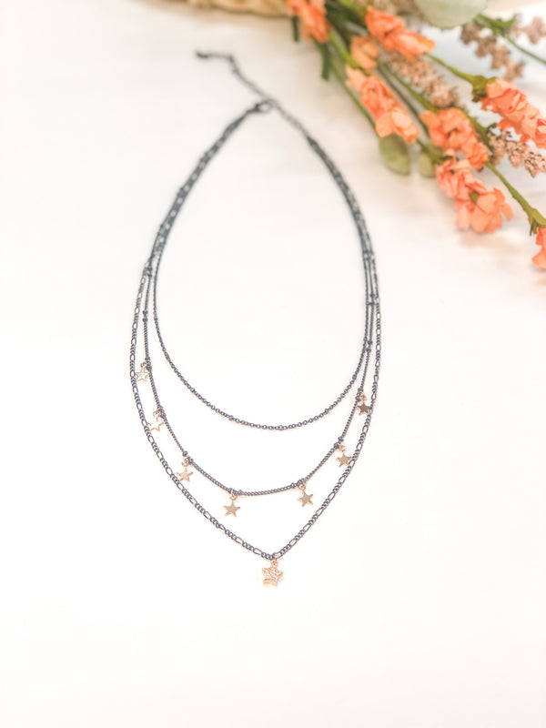 Cosmic Vibes Three Strand Necklace with Stars in Gunmetal and Gold